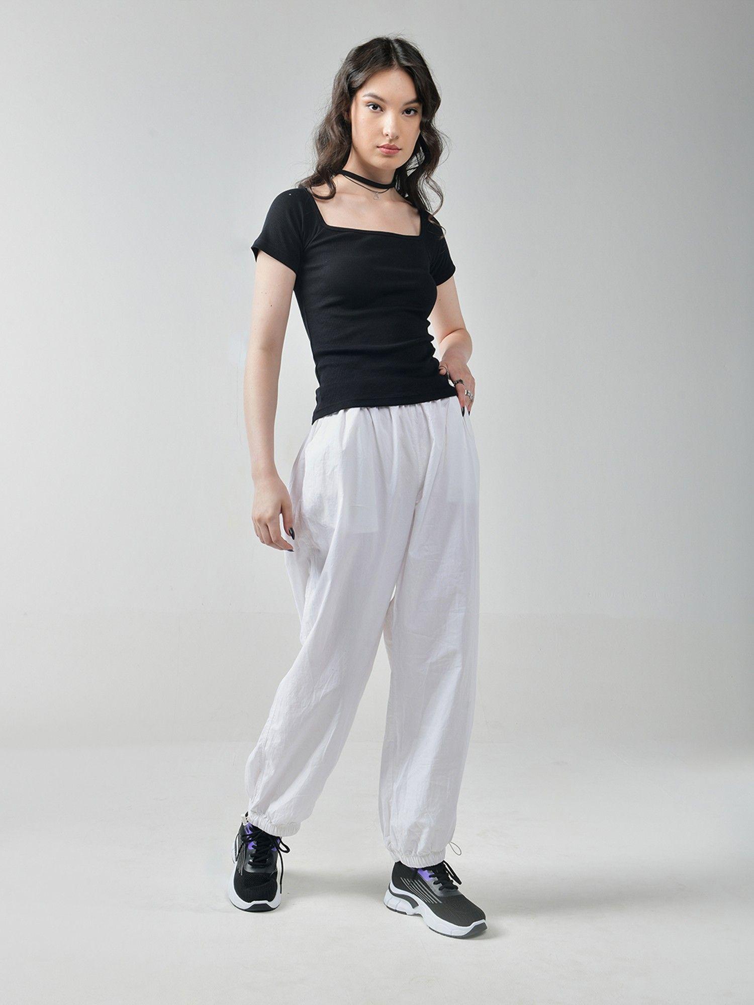 black square neck top & white parachute pants (set of 2)