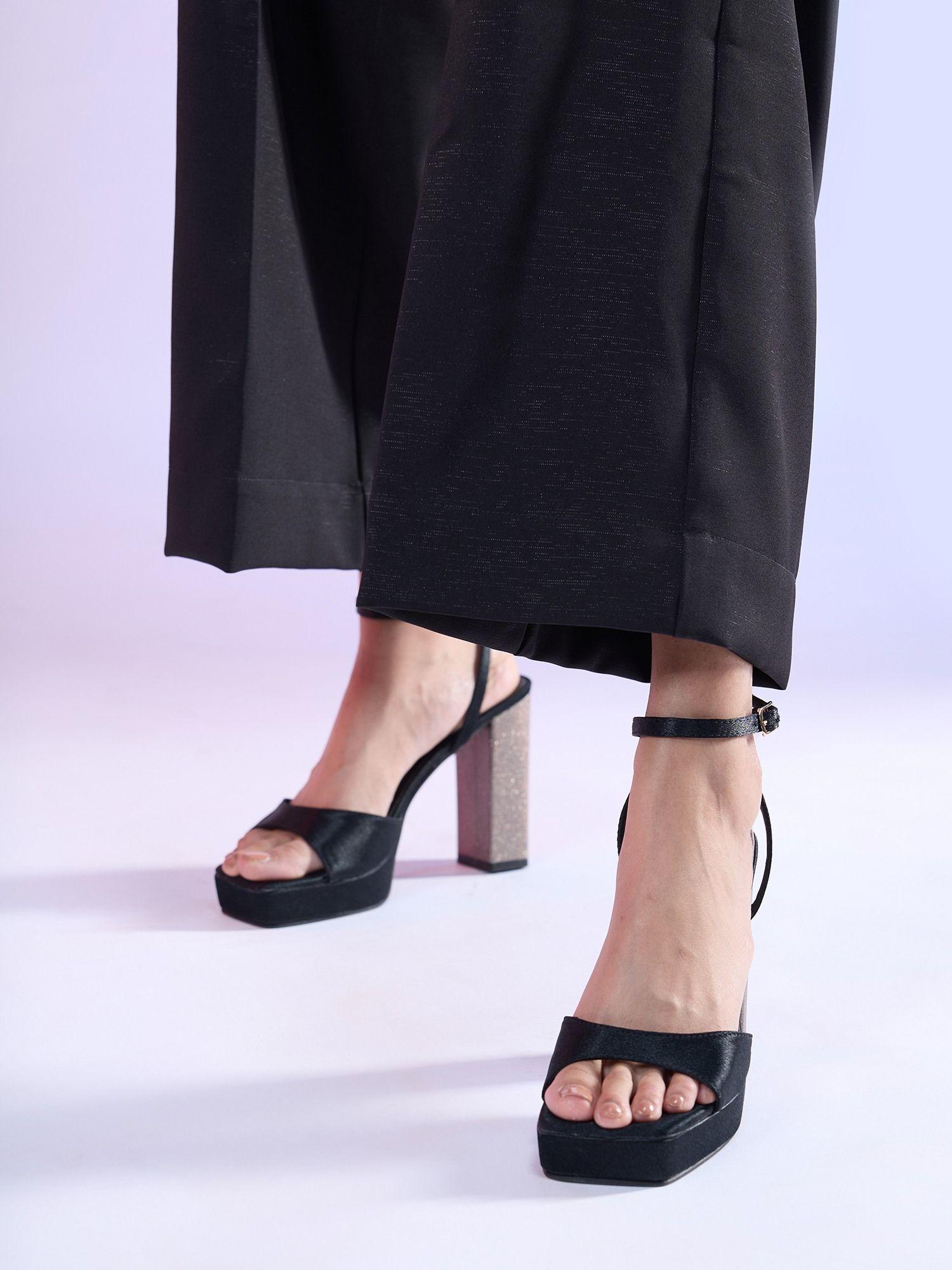 black square toe platform shimmer block heels