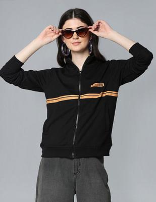 black stand neck contrast stripe sweatshirt