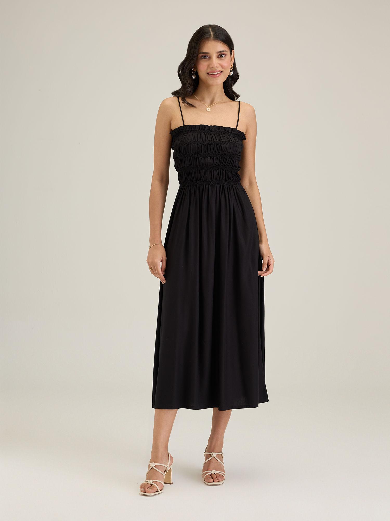 black strappy square neck midi dress