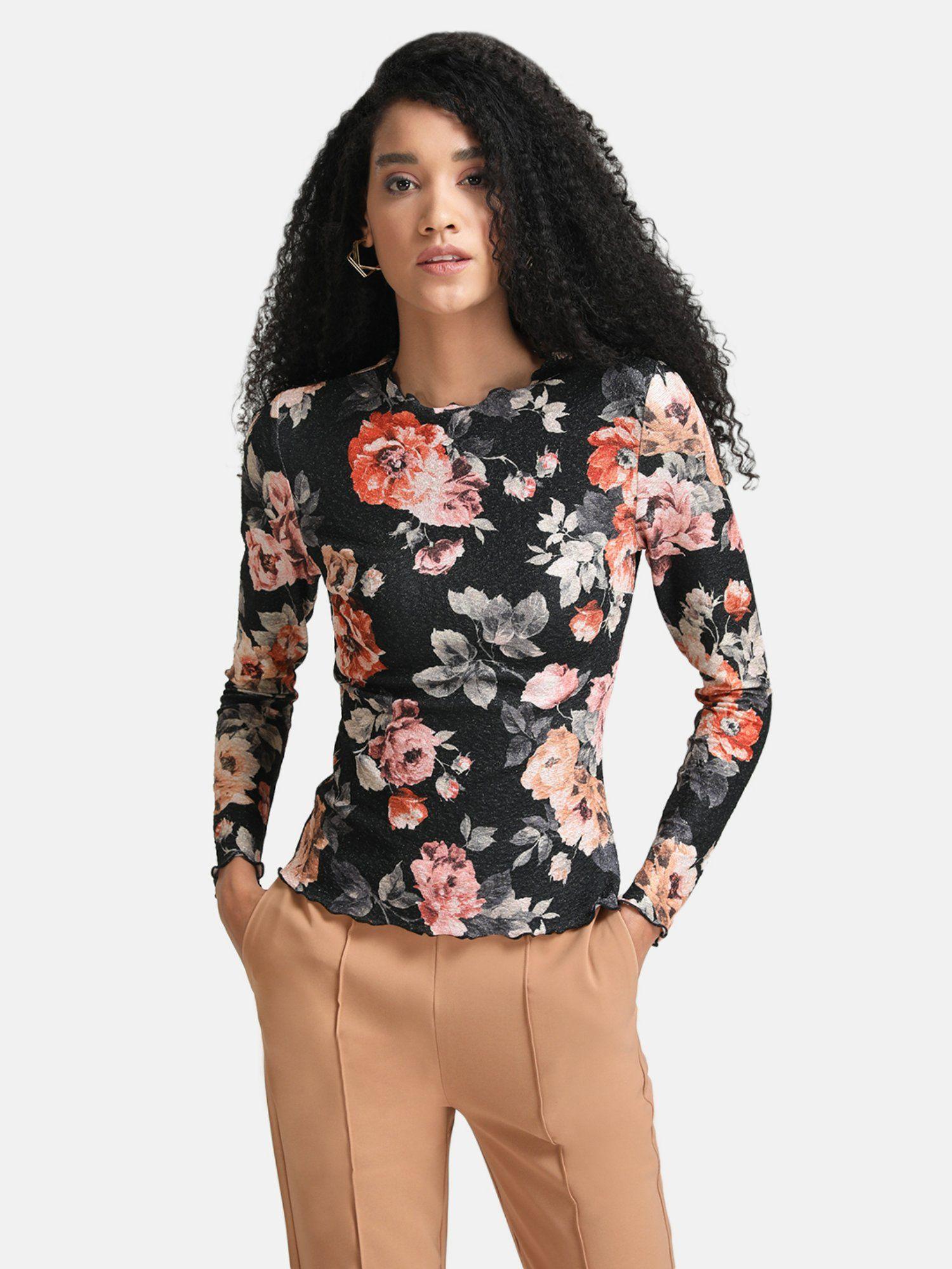 black stretchable printed full sleeves top