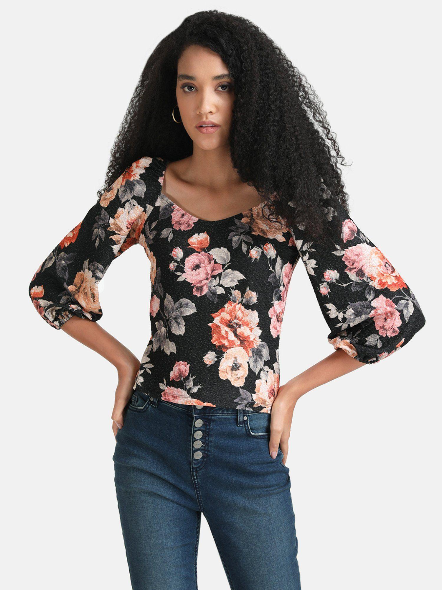 black stretchable printed top with sweetheart neckline