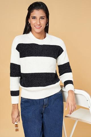 black stripe casual full sleeves round neck women comfort fit sweater