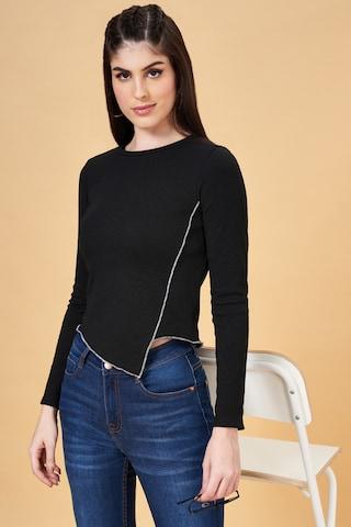 black stripe casual full sleeves round neck women slim fit  t-shirt