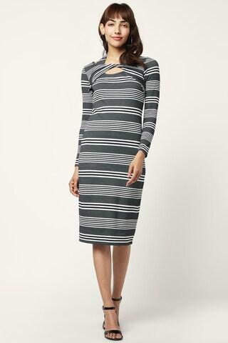 black stripe stylised neck casual below knee length full sleeves women regular fit dress