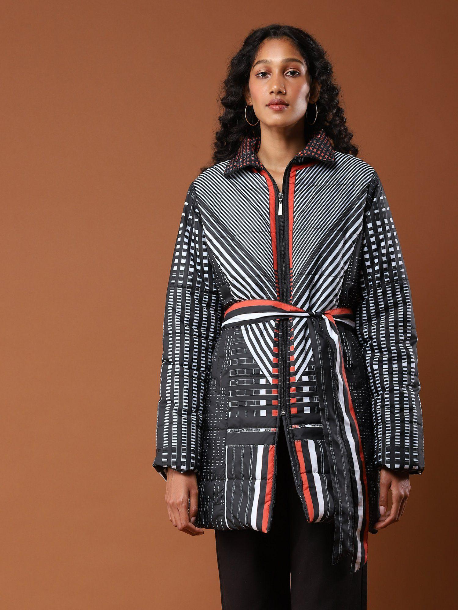 black striped puffer jacket with belt