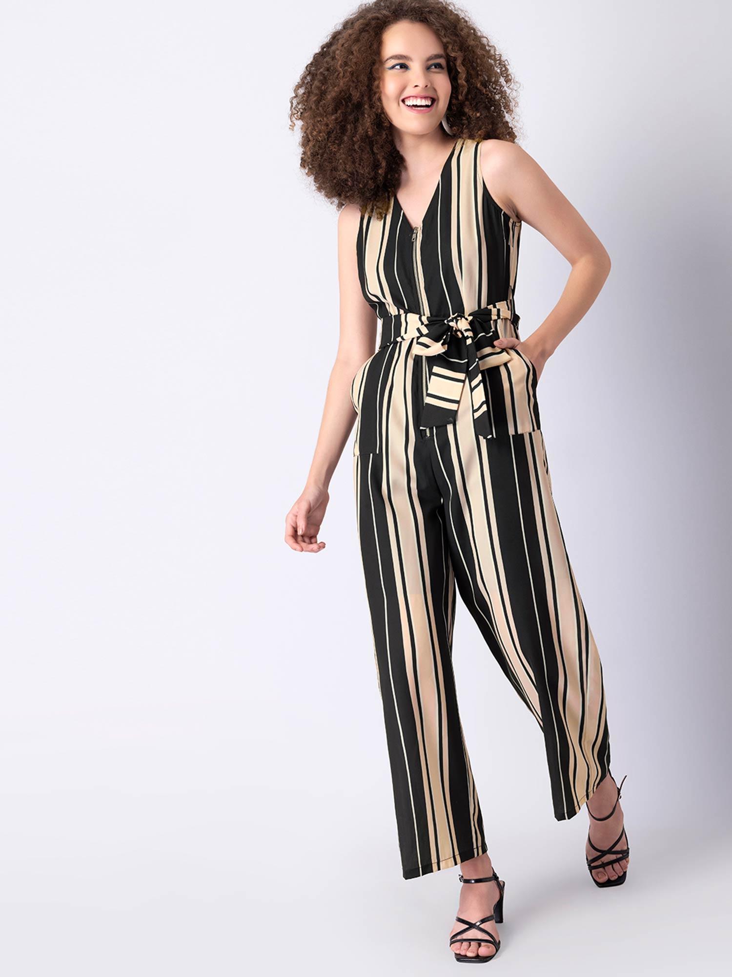 black striped sleeveless belted jumpsuit