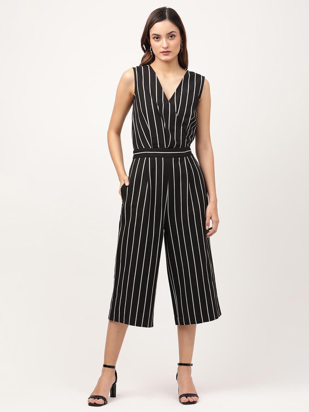 black striped v neck jumpsuit