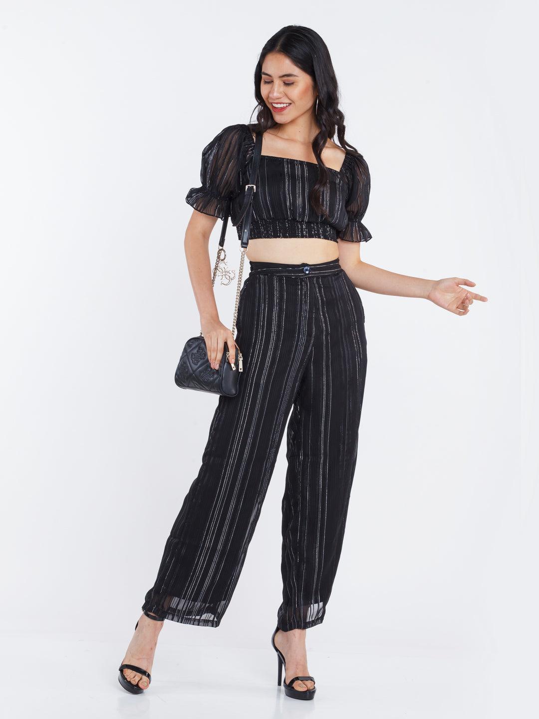 black striped wide leg trouser for women