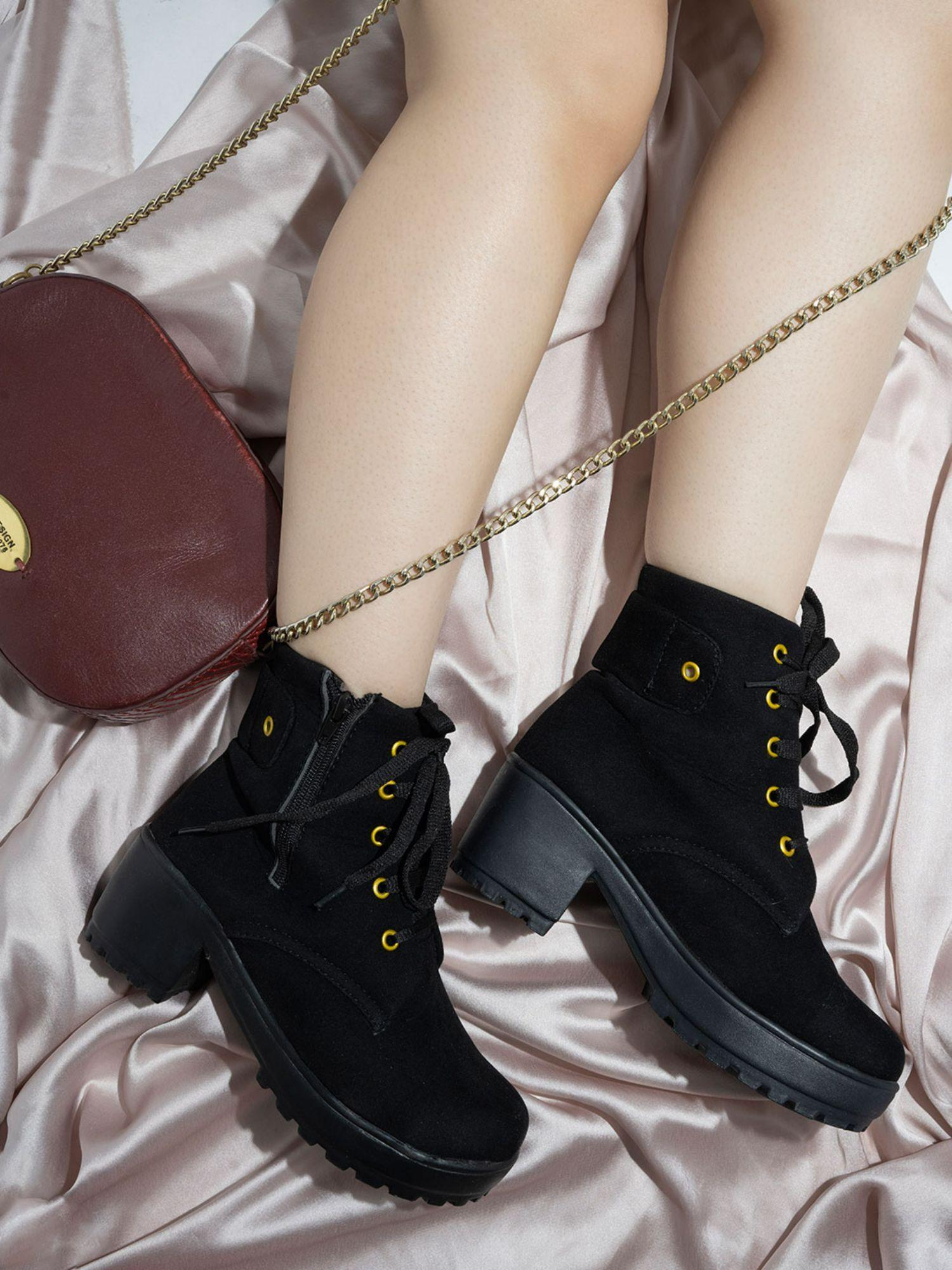 black suede high-top block heeled boots
