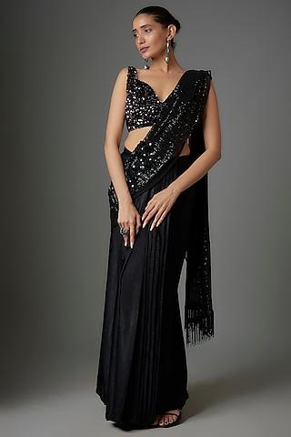 black suede satin sequin embellished pre-stitched saree set