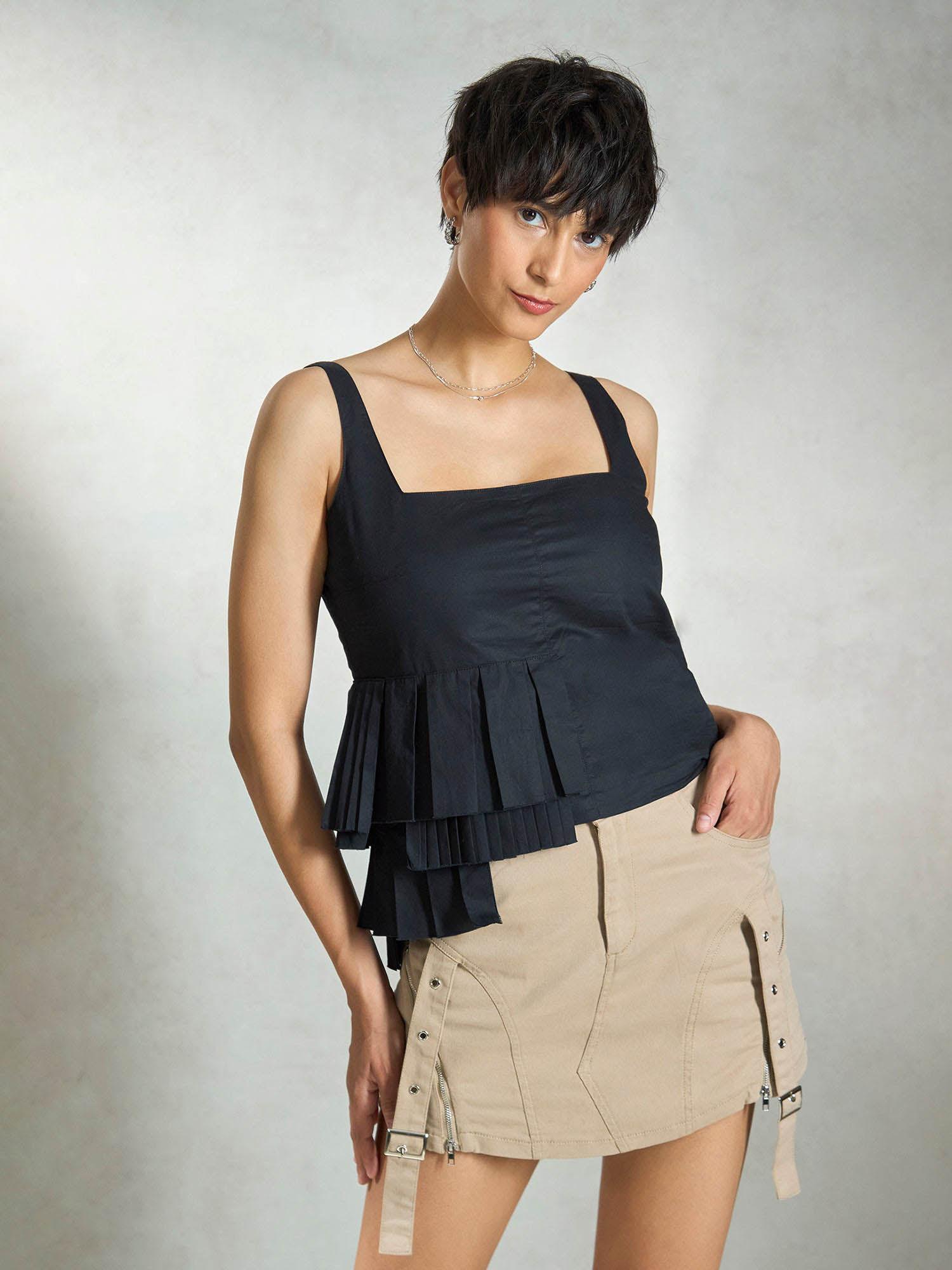 black sultry cotton pleated top