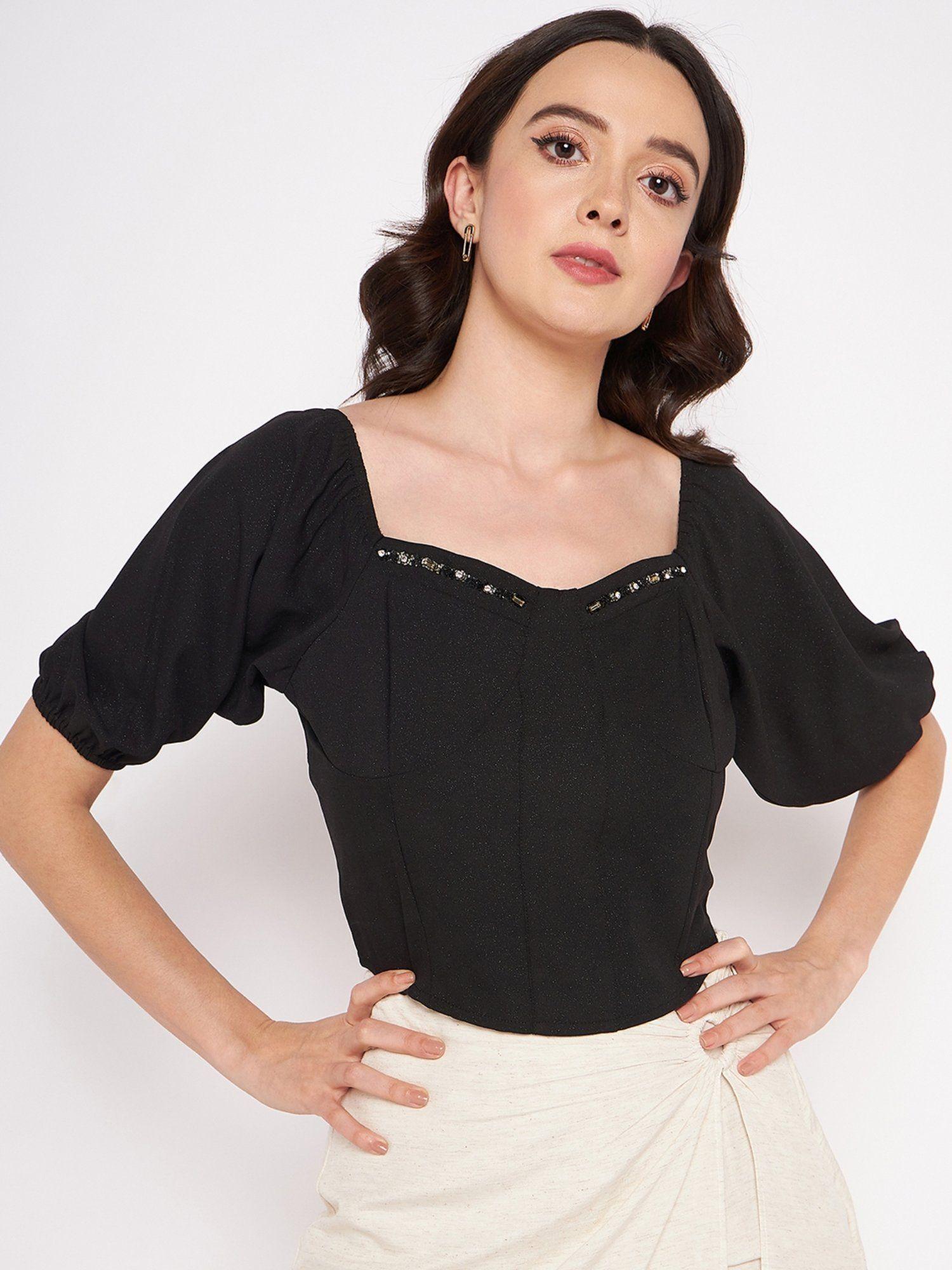 black sweetheart half sleeves crop tops