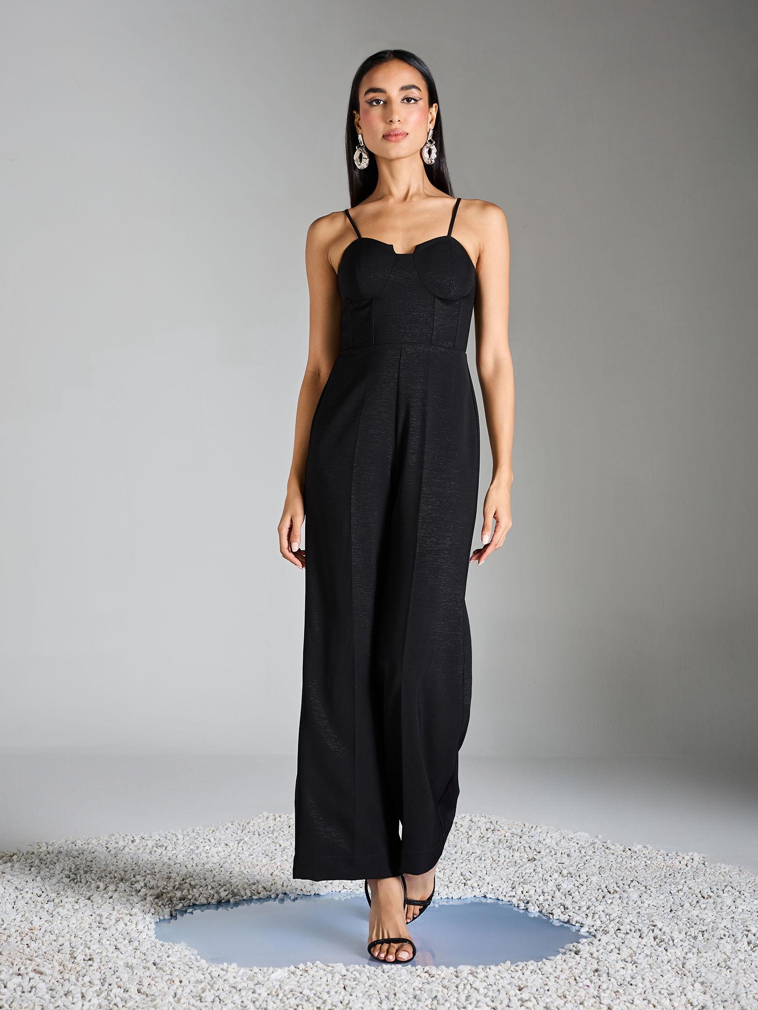 black sweetheart neck solid jumpsuit