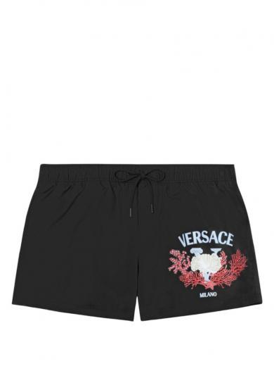 black swim shorts with front print and logo