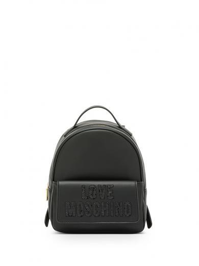 black synthetic leather backpack with sequined logo