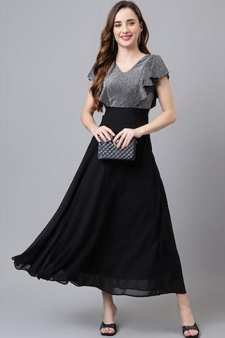 black textured ankle-length party women flared fit dress