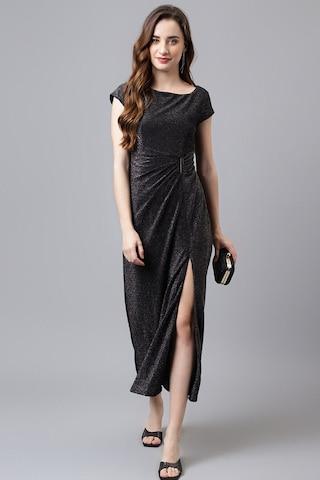 black textured ankle-length party women slim fit dress