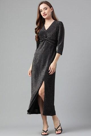 black textured calf-length casual women a line fit dress