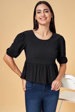 black textured casual elbow sleeves round neck women flared fit  top