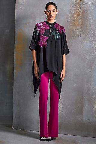 black textured crepe hand embellished asymmetric tunic