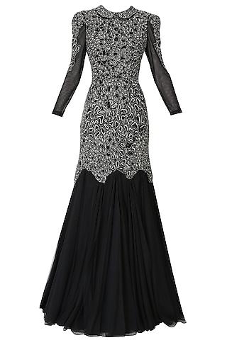 black textured embroidered mermaid gown