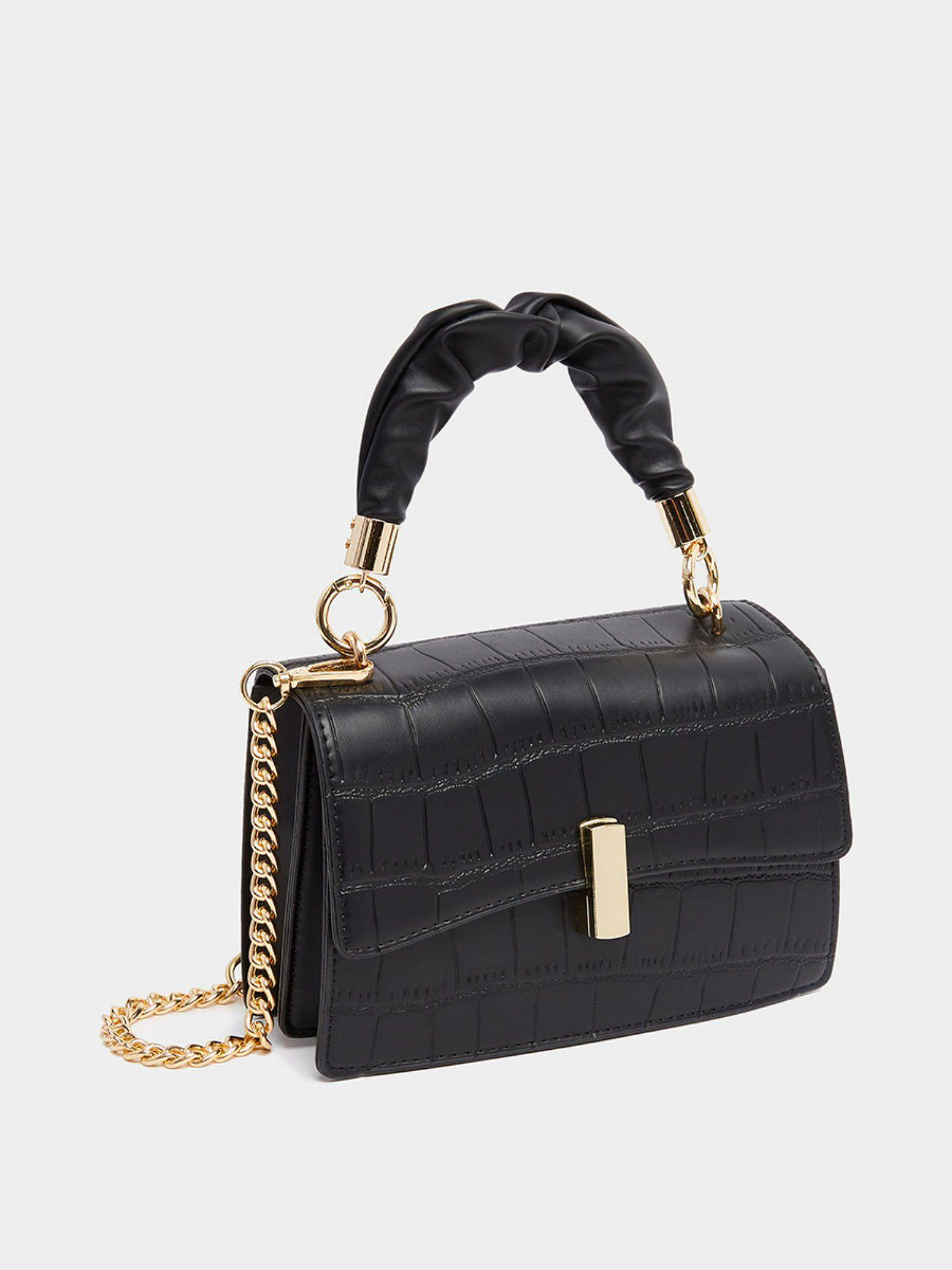 black textured flap over handbag with chain strap