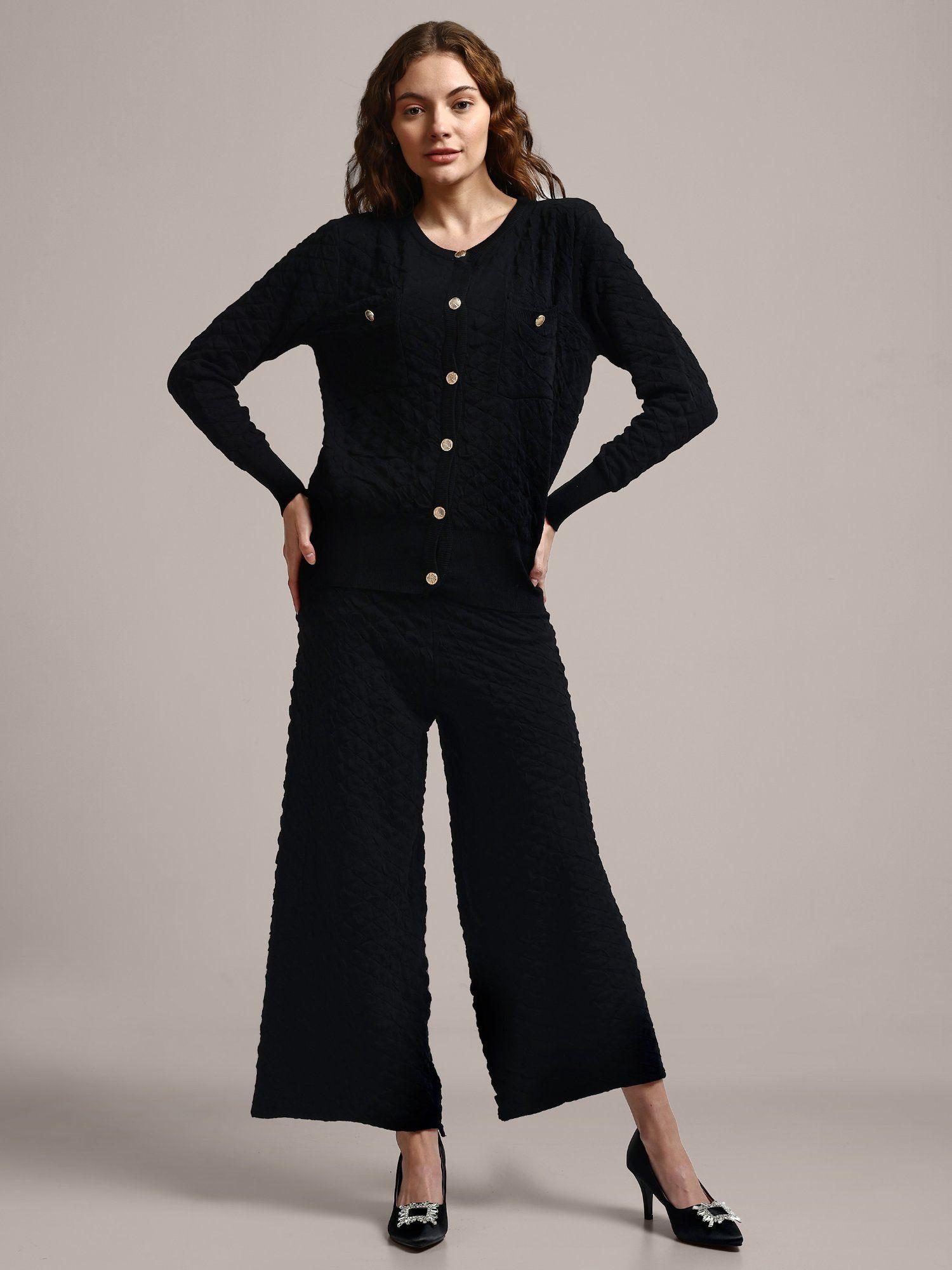 black textured knitted woolen top and pant co-ord (set of 2)