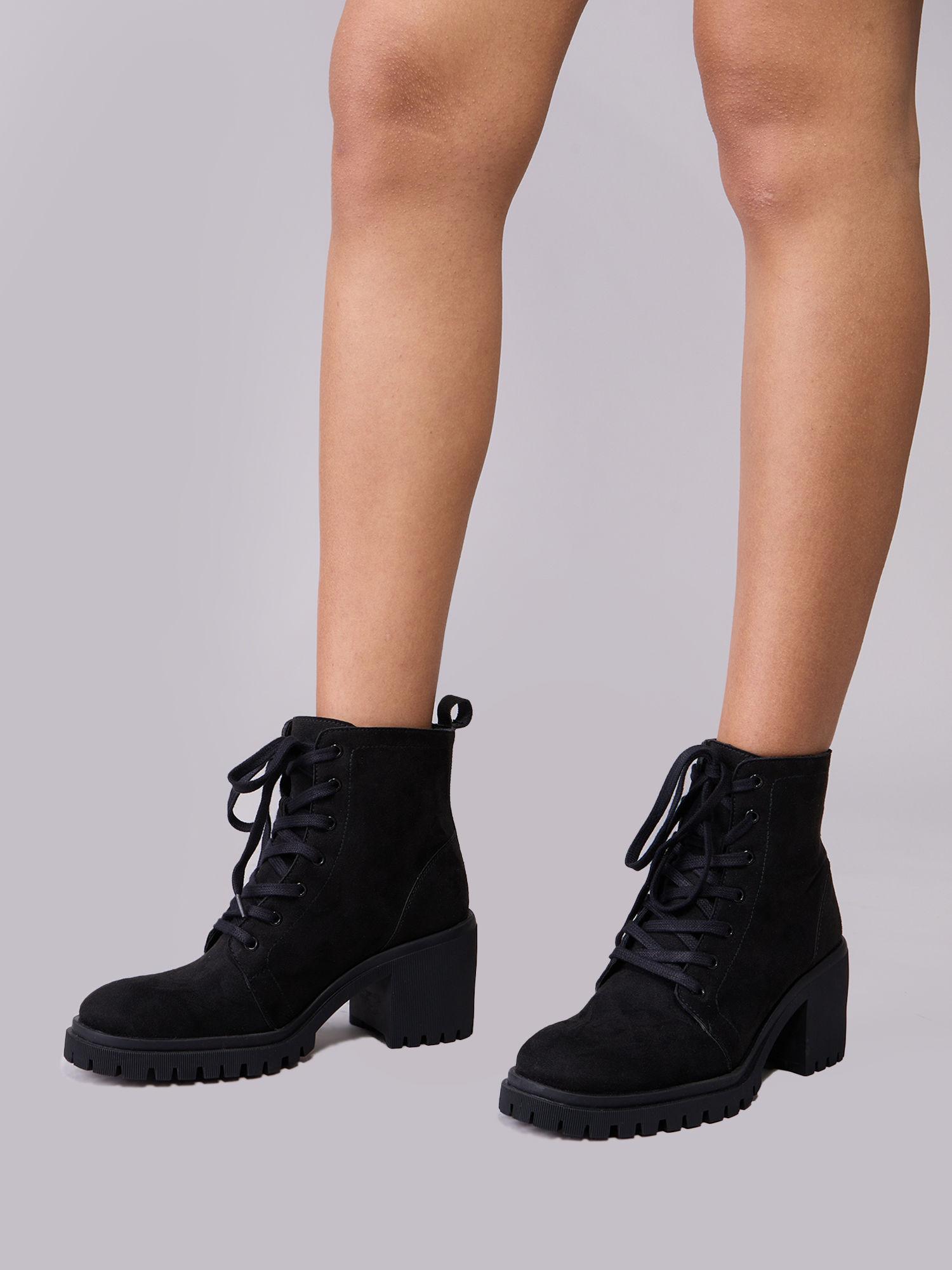 black textured laced up high ankle winter boots