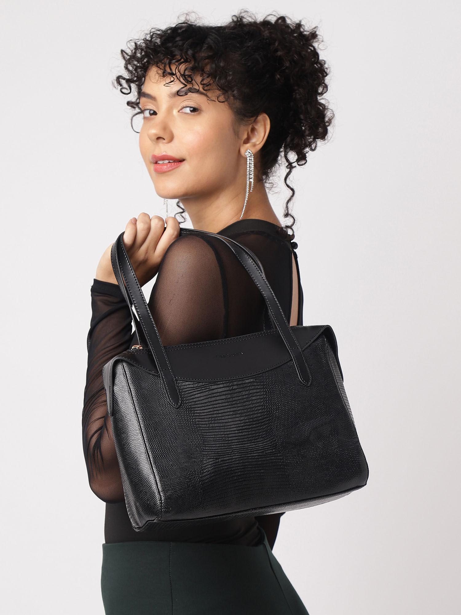 black textured large shoulder bag for women