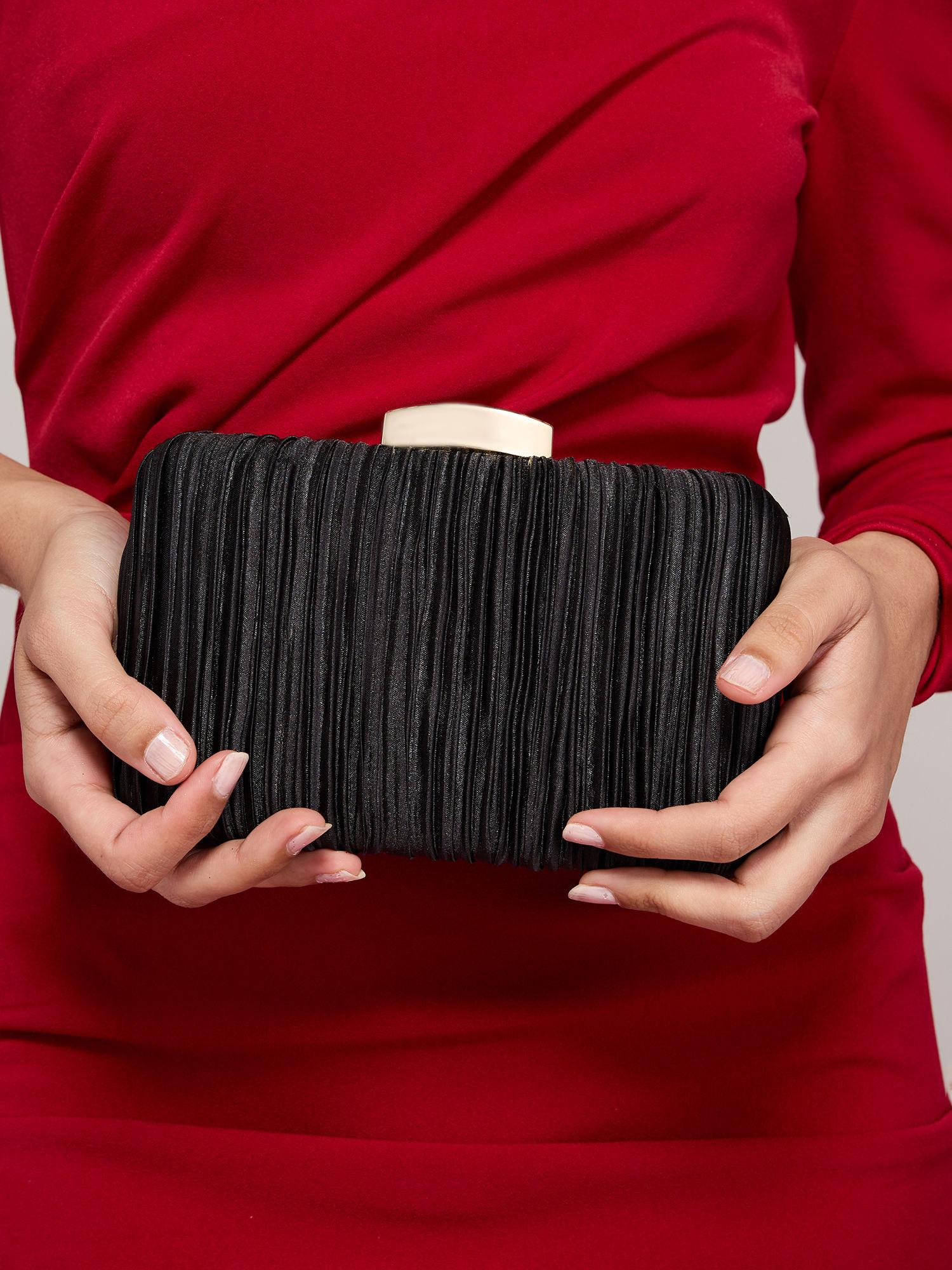 black textured pleated rectangular party clutch