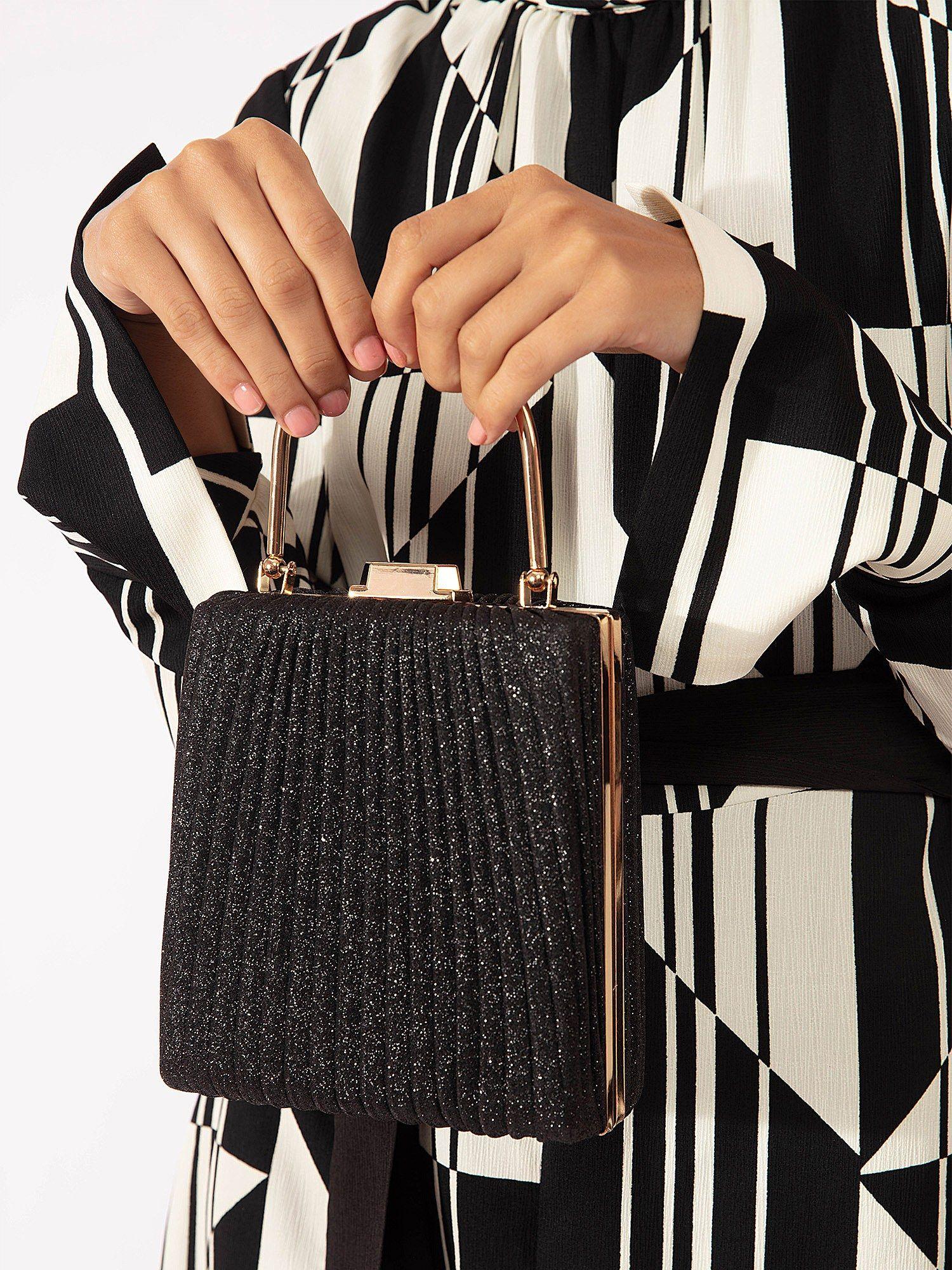 black textured pleated top handle party clutch