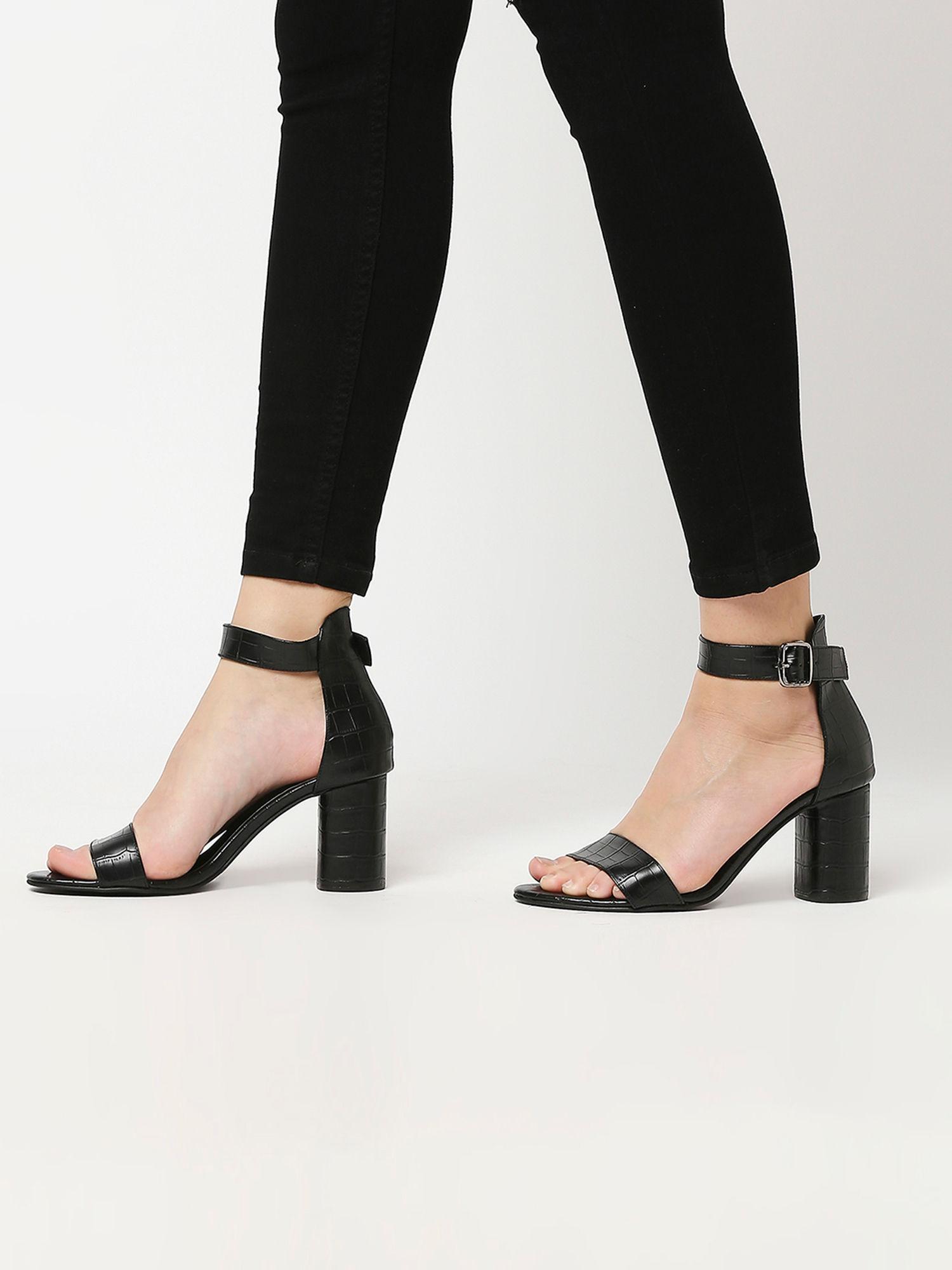 black textured round toe block heels