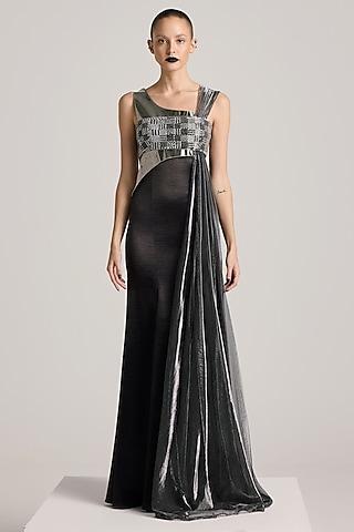 black textured satin & lurex tulle sequins hand embroidered fishtail paneled dress