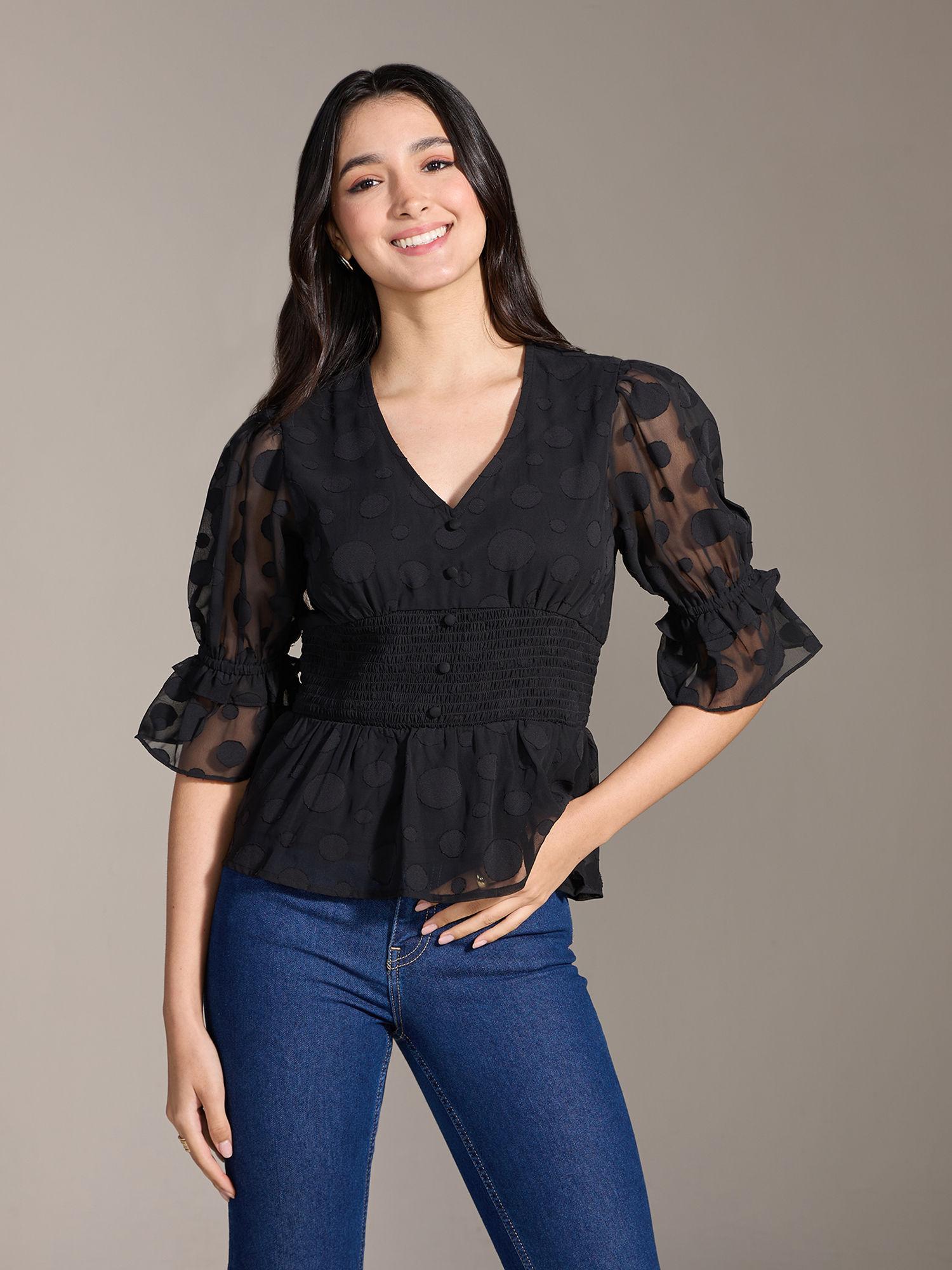 black textured short puff sleeves peplum top