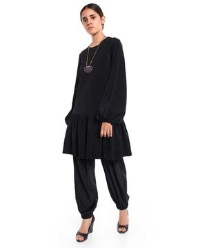 black thick georgette frill hem tunic