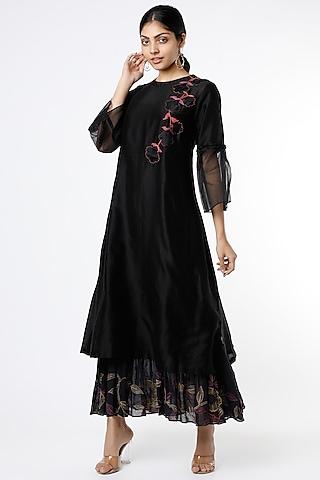 black thread applique embroidered dress