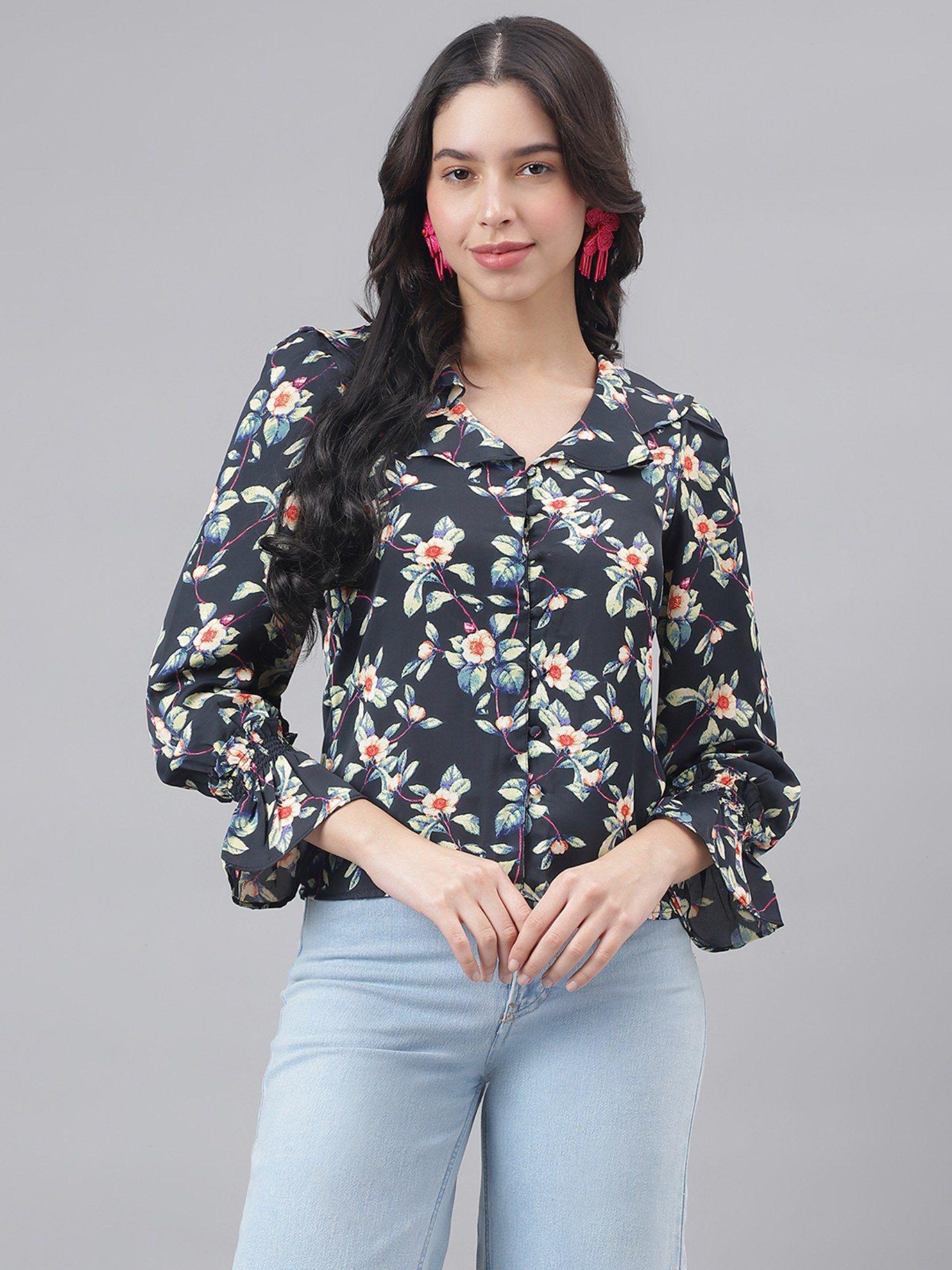 black three forth sleeve shirt collar women floral top