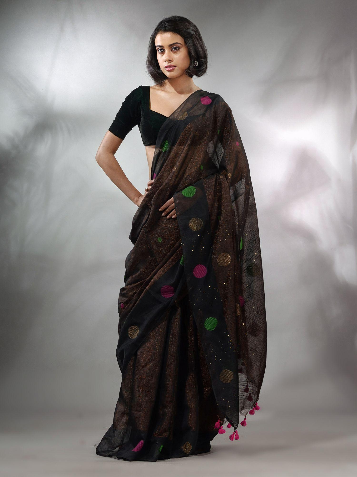 black tissue handwoven saree with geometric motifs and sequin work & unstitched blouse
