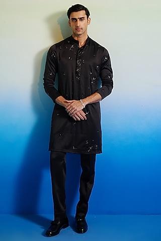 black tokyo satin hand embroidered kurta set