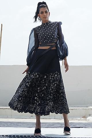 black top with embroidered skirt