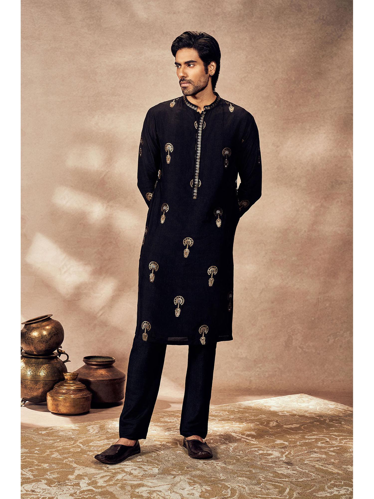 black traveller's palm jacquard kurta with pant (set of 2)