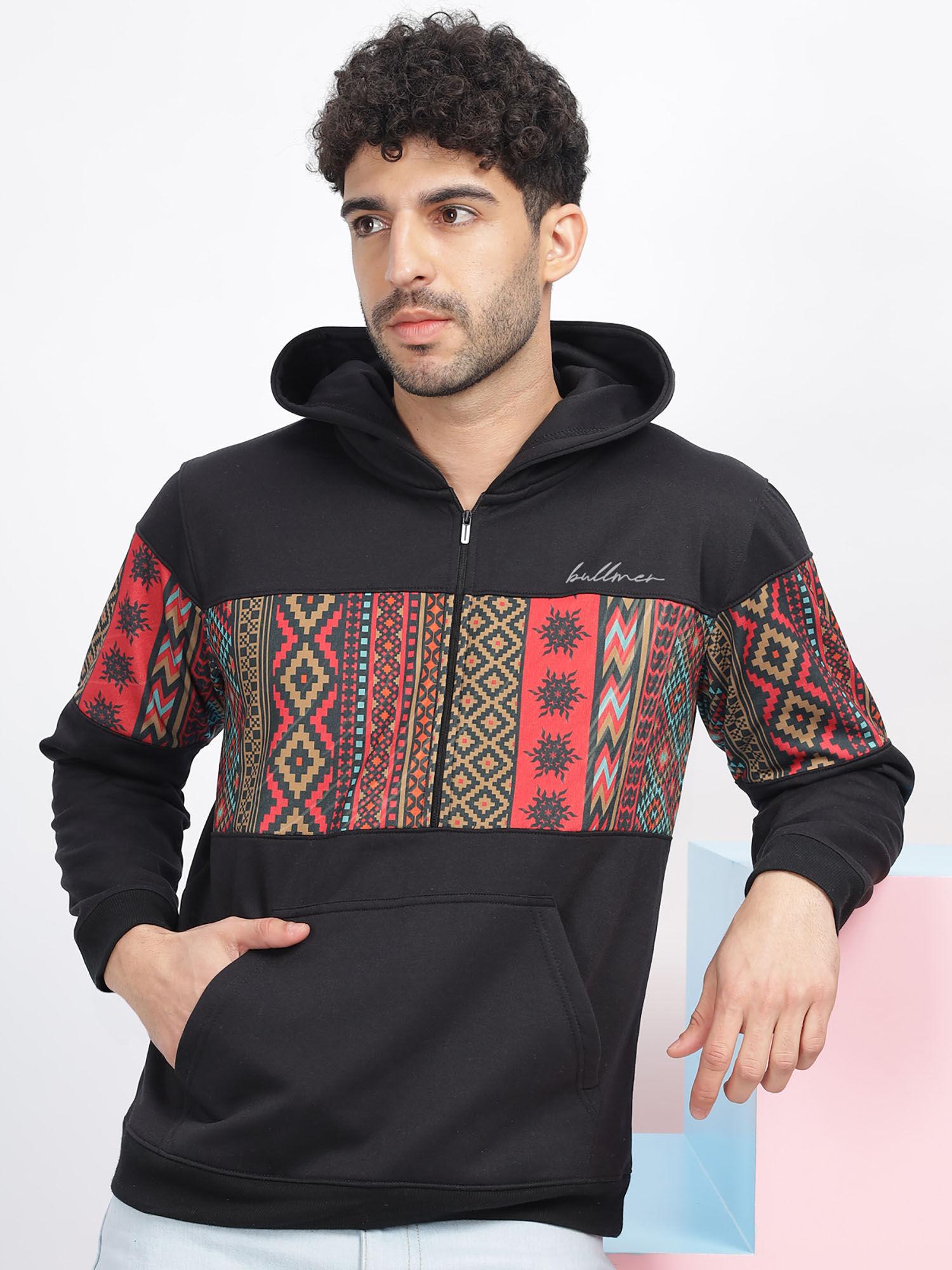 black trendy printed fleece hoodie sweatshirt for men