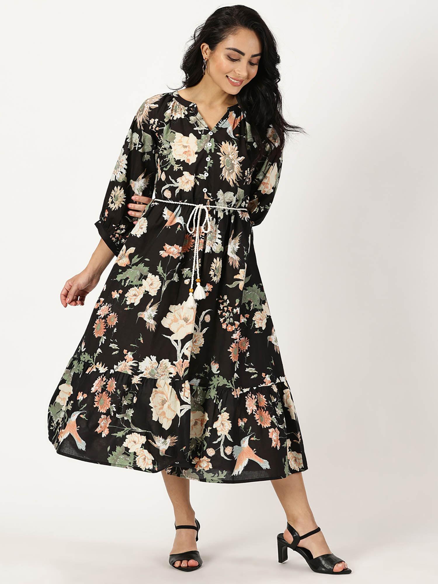 black tropical print boho midi dress with belt (set of 2)