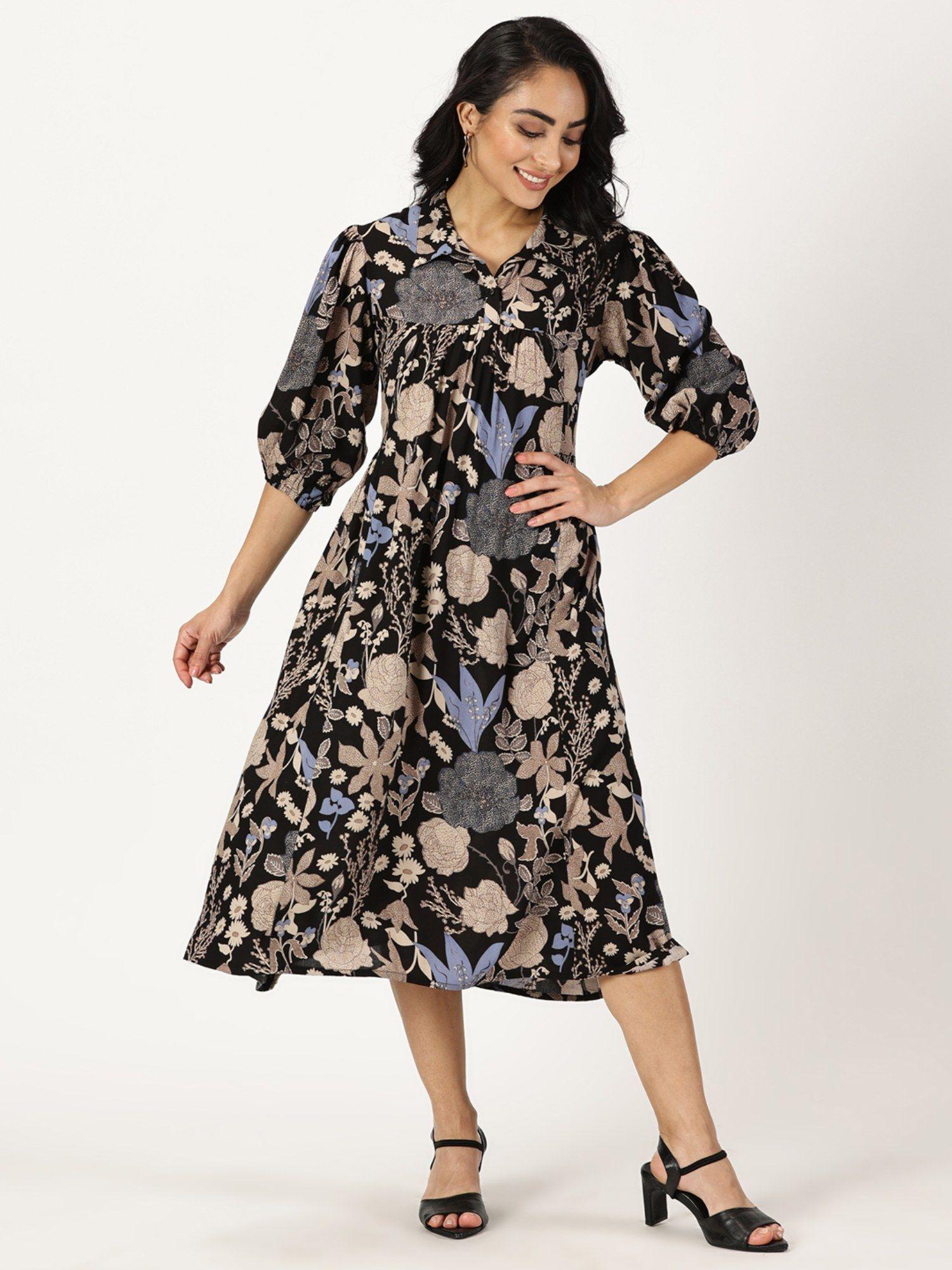 black tropical print shirt collar midi dress