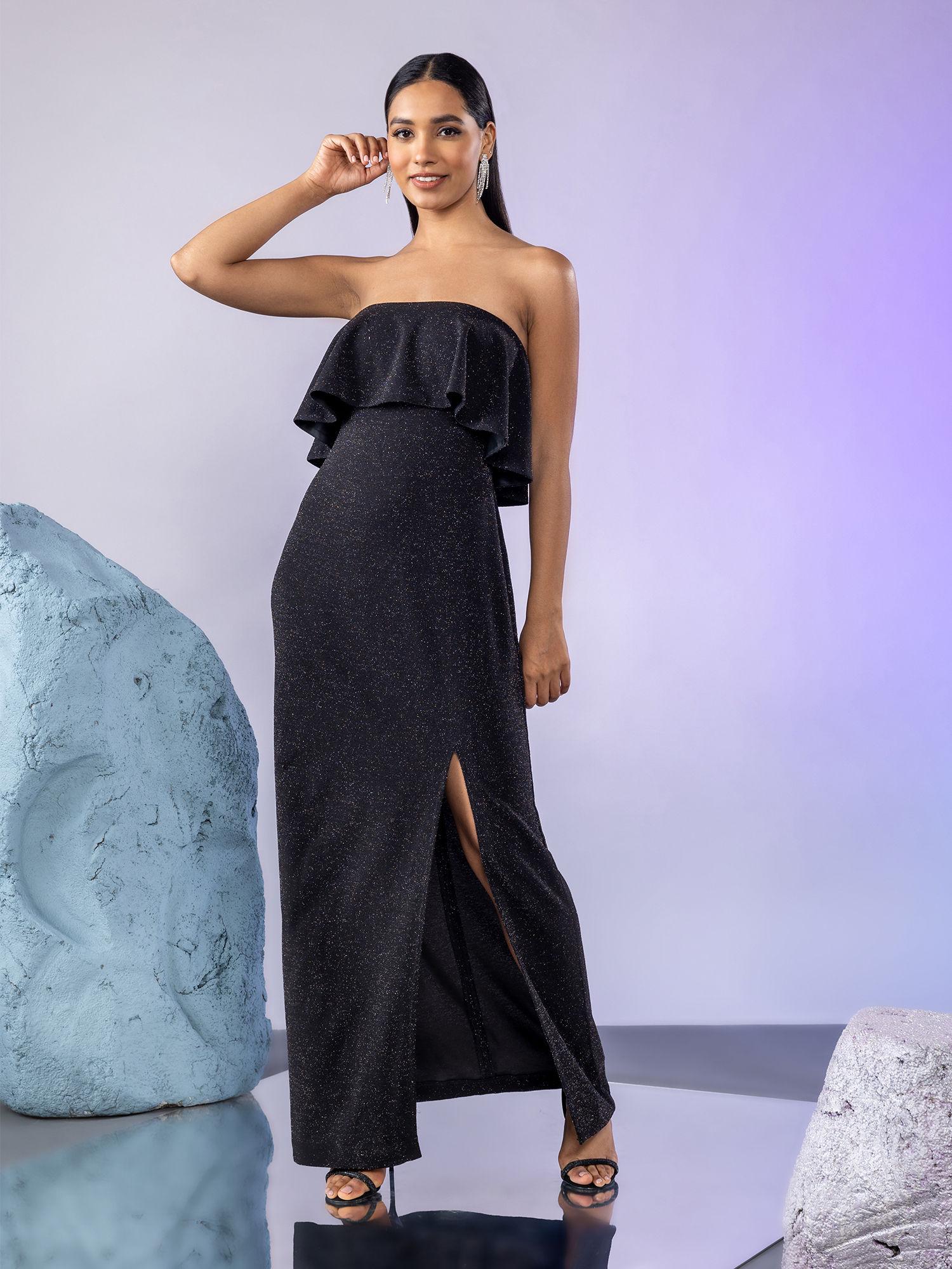 black tube neck ruffle layered shimmer gown