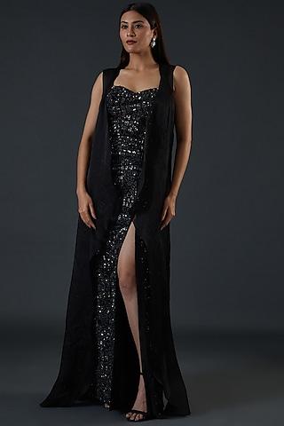 black tulle embroidered gown with jacket