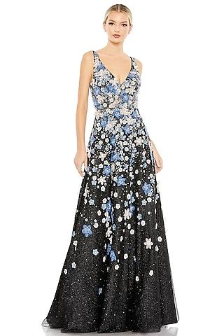 black tulle floral applique embellished a-line gown