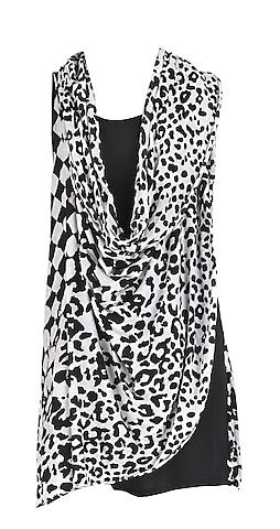 black tunic with animal print cowl drape.