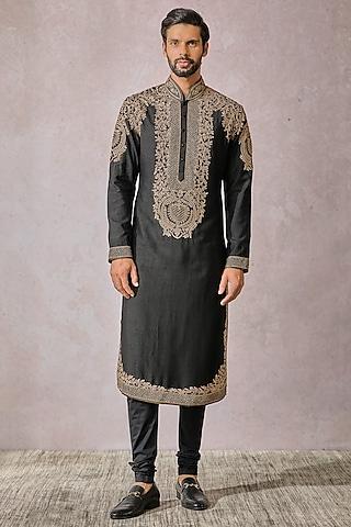 black tussar viscose slub hand embroidered kurta set